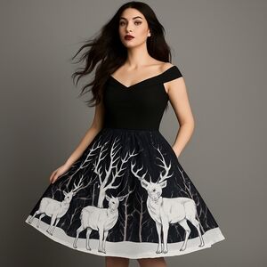 Lidressfo Black Woodland Deer Forest Print Dress Off Shoulder Gothic Size 8 Emo